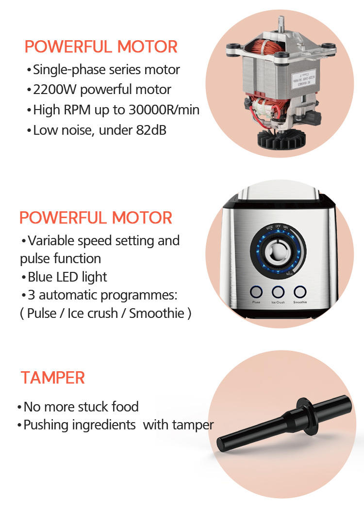 Коммерческий блендер с электрической крышкой для вакуумного прессования, сверхмощная мощность 2200 Вт, переменная скорость, дробление льда, 6 лезвий
